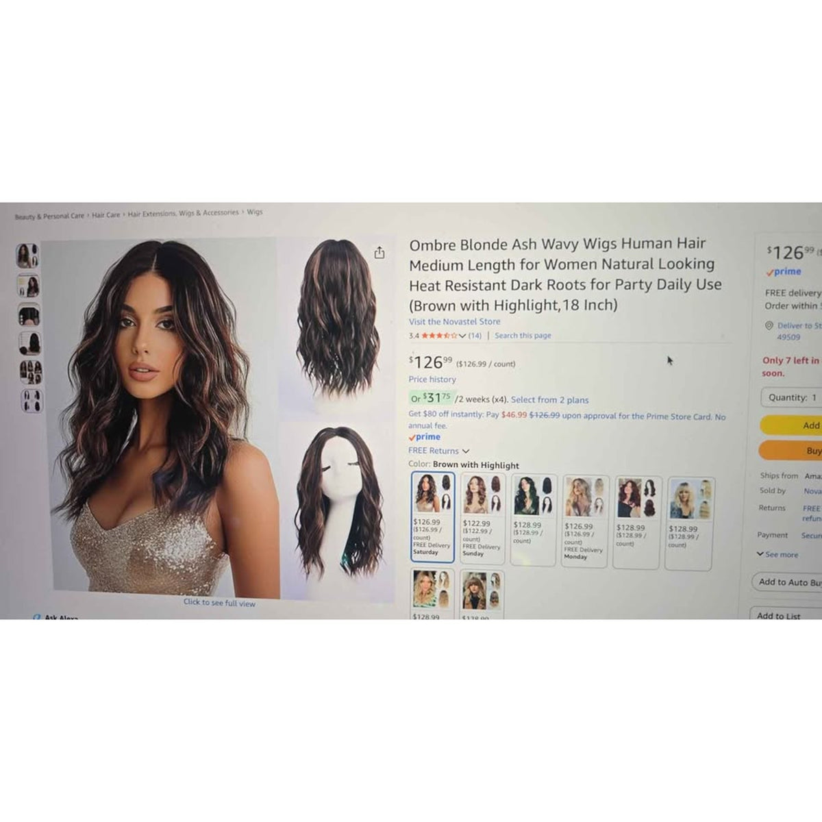 Novastel Ombre Blond Ash Wavy Wig - Human Hair Medium Length 18"