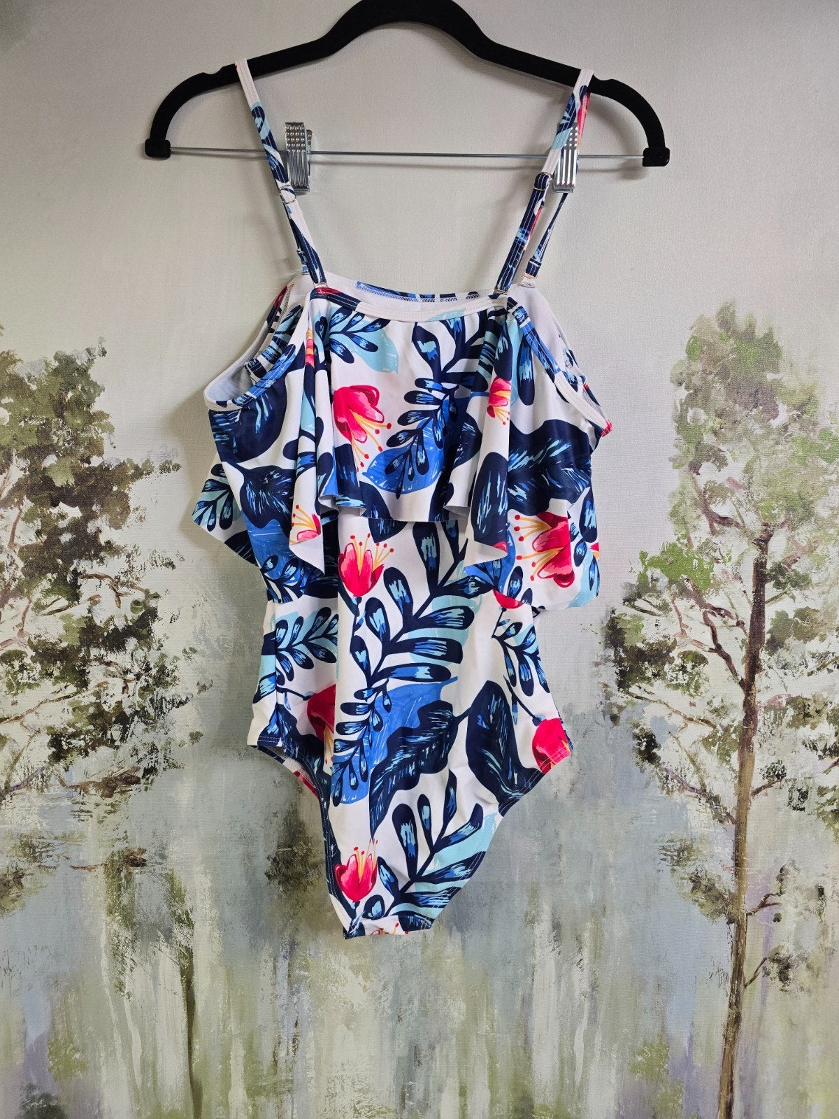 Tempt Me Off-Shoulder One-Piece Swimsuit – White Blue Leaves, Small – New