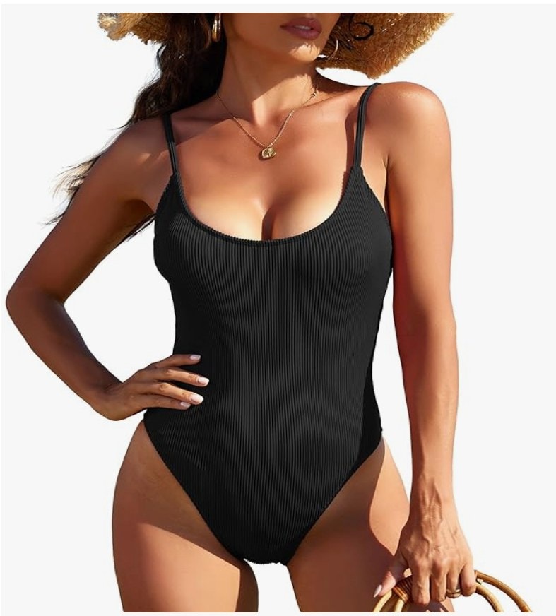 American Trends Ribbed One-Piece Swimsuit – Black, Small – New