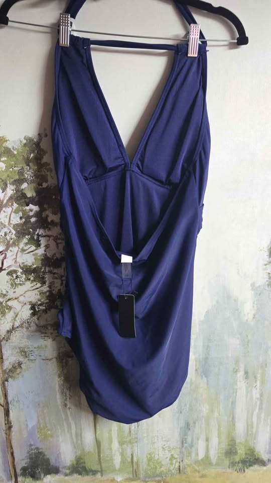 Tempt Me Ruched Halter One-Piece Swimsuit – Navy Blue, XL – New with Tags