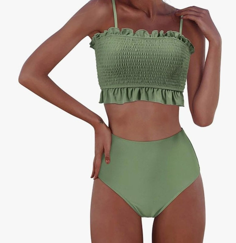 RXRXCOCO Shirred Bandeau Bikini Set – Army Green, Medium – New