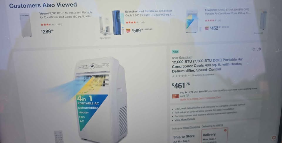 EdenDirect 12,000 BTU Portable Air Conditioner with Heat, Dehumidifier & Remote