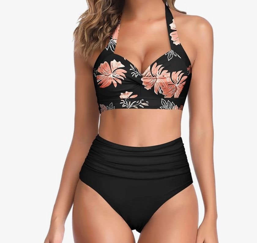 Tempt Me Floral Halter Bikini Set – Black, XL – New with Tags