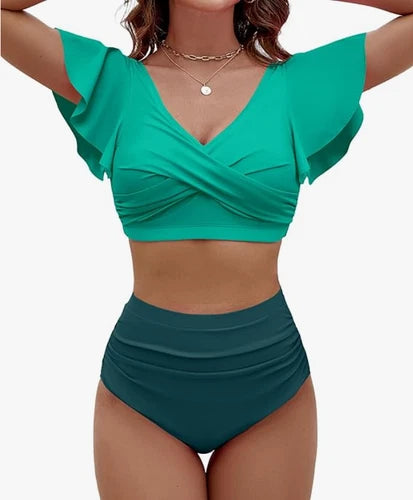 BMJL Ruffle High-Waisted Bikini Set – Aqua & Green – Medium