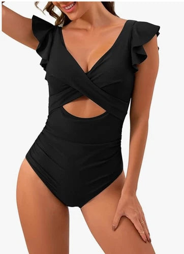 B2prity Ruffle Cutout One Piece Swimsuit – Black – 2XL