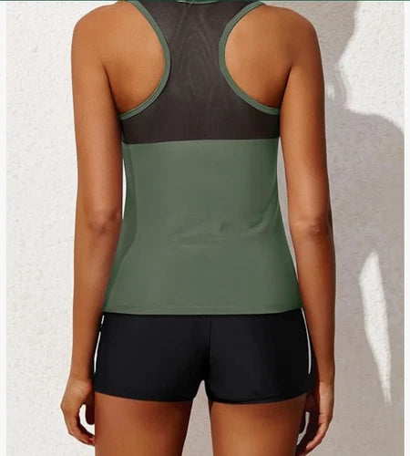 Yonique Athletic Two Piece Tankini with Boy Shorts – Army Green – 20W