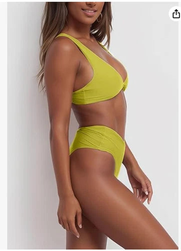 geluboao Knot Front Two Piece Thong Bikini Set – Lemon Yellow – Large