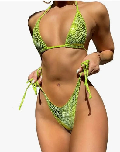 Falainetee Metallic Snakeskin Triangle Bikini Set – Green – XS