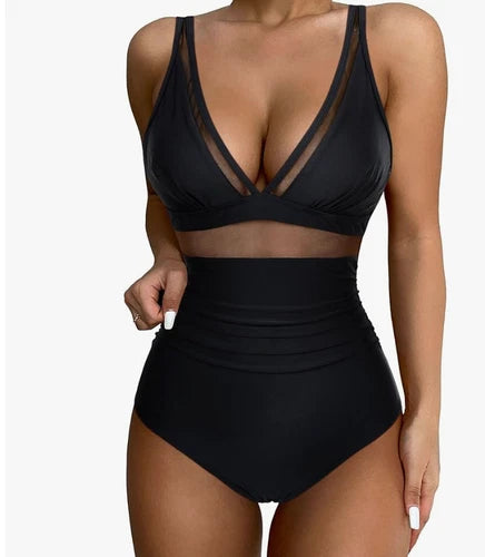 SUUKSESS Mesh Tummy Control One Piece Swimsuit – Black – Large
