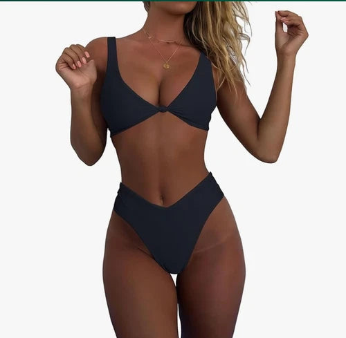 geluboao V-Neck Knot Front Thong Bikini Set – Black – XS