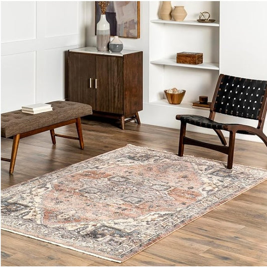 nuLOOM Fringed Performance Kelsee Rust/Ivory, 6' Square, Faded Oriental