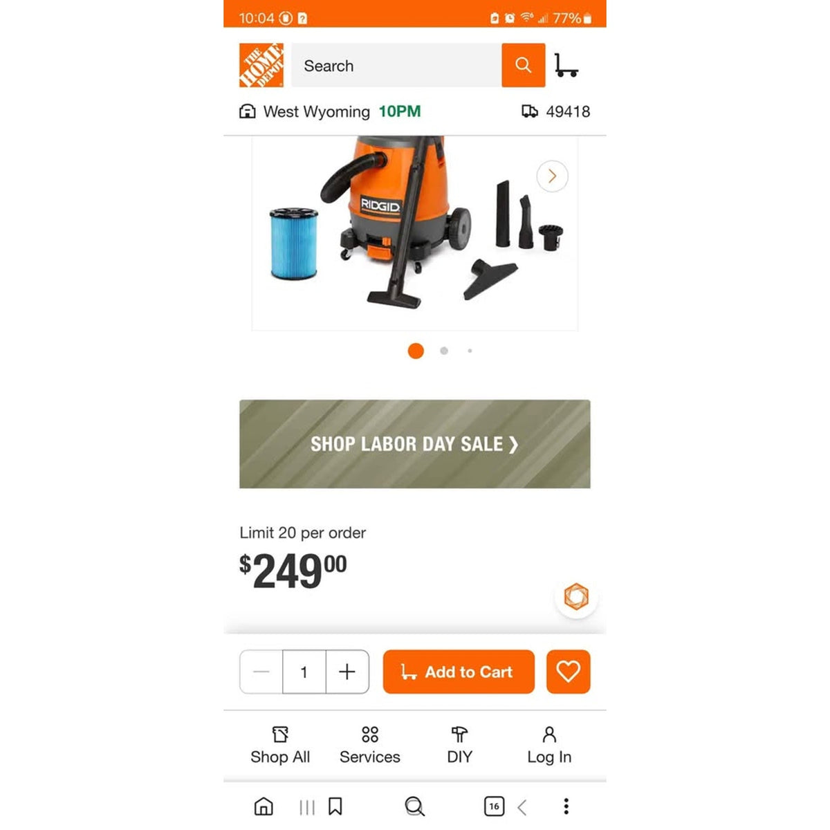 RIDGID MOB1600 16-Gallon 6.5 HP Wet/Dry Shop Vac with Detachable Blower — New