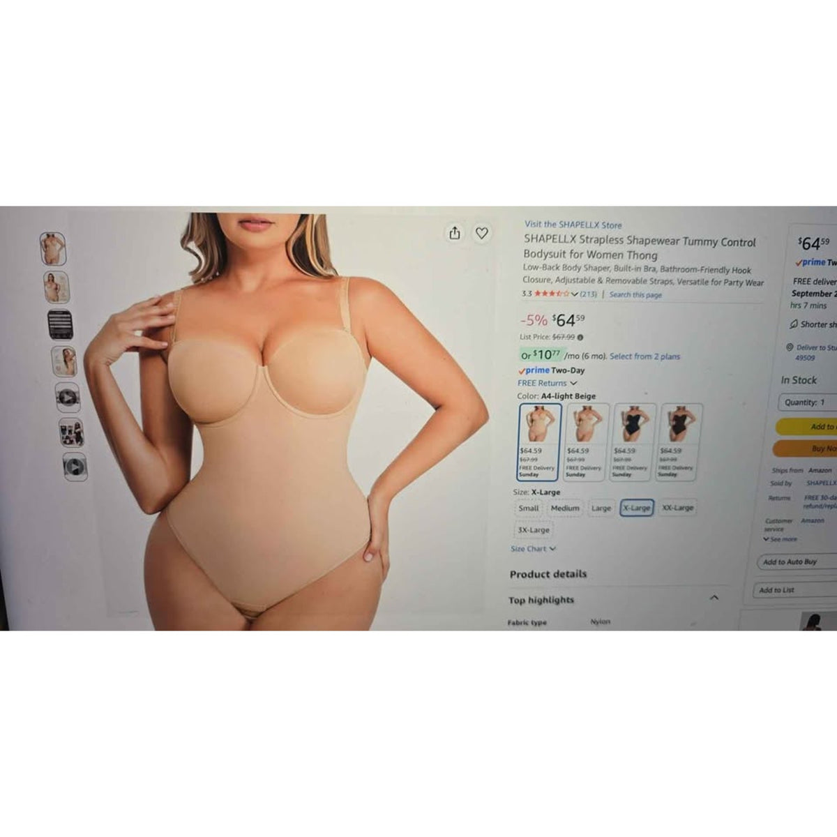 New SHAPELLX Strapless Tummy-Control Shapewear Bodysuit, XL