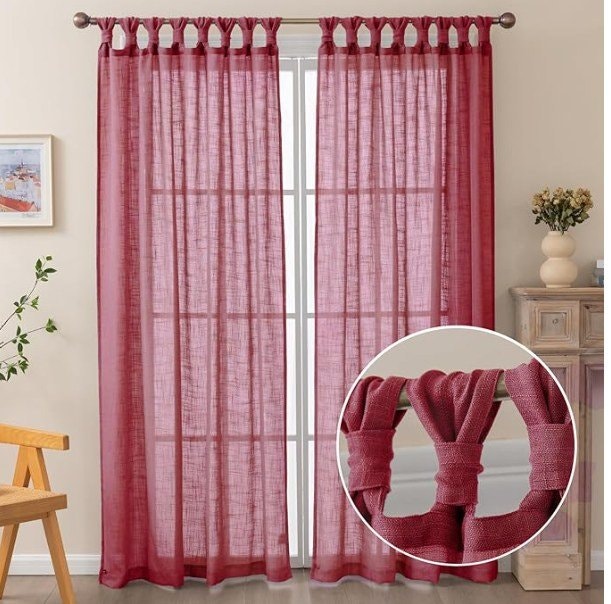 BrightSheer Red Linen Semi-Sheer Curtains — 52 × 63 in, 2 Panels