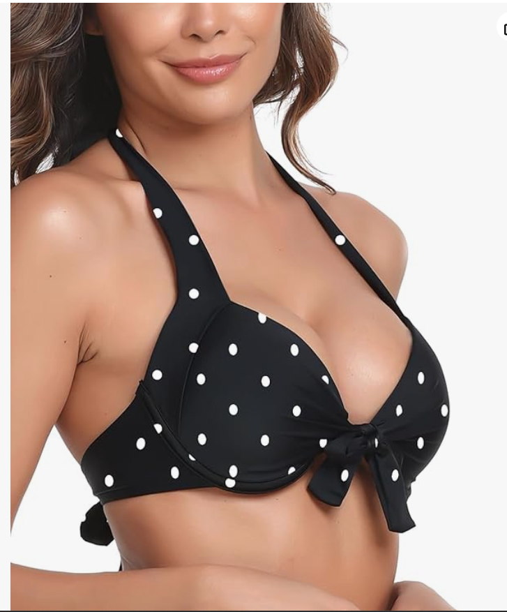 Ocean Blues Halter Push-Up Bikini Top – Black Polka Dot, Large – NWT