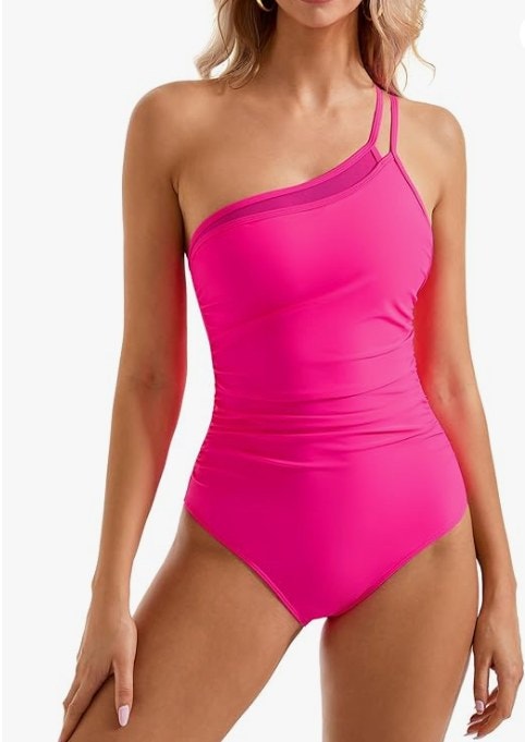 SUUKSESS Mesh One-Shoulder Swimsuit – Hot Pink, Small – New