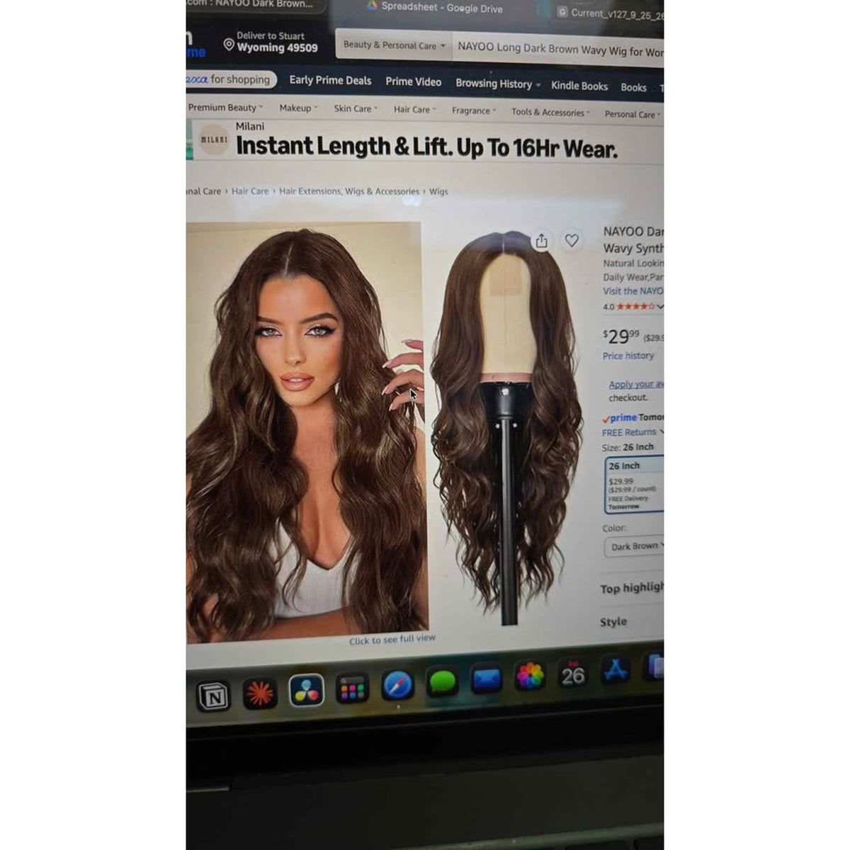 New NAYOO Dark Brown Wig 26" Middle Part Wavy Synthetic Wig