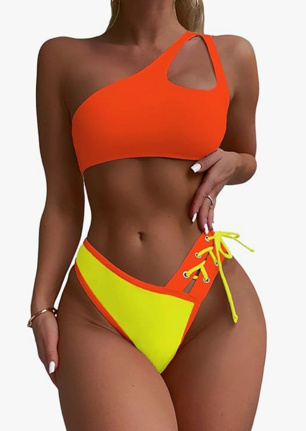 SherryDC One-Shoulder Bikini Set – Orange & Yellow, Large – New