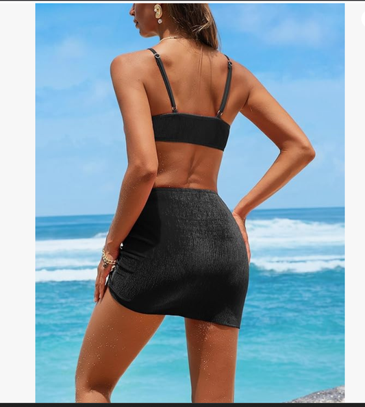 SEAMOLY Ribbed Velvet Bikini and Sarong Set – Black, XS – NWT