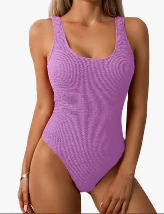 Limeeke Ribbed One-Piece Swimsuit – Purple, Large – Open Box