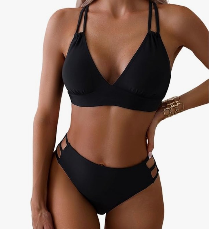 Tainehs V-Neck Bikini Set – Black, XL – New