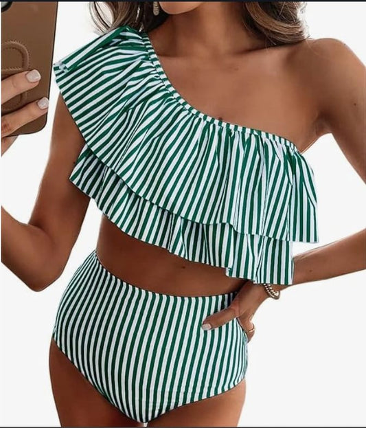 VIMPUNEC Ruffle One-Shoulder Bikini Set – Striped, XL – New with Tags