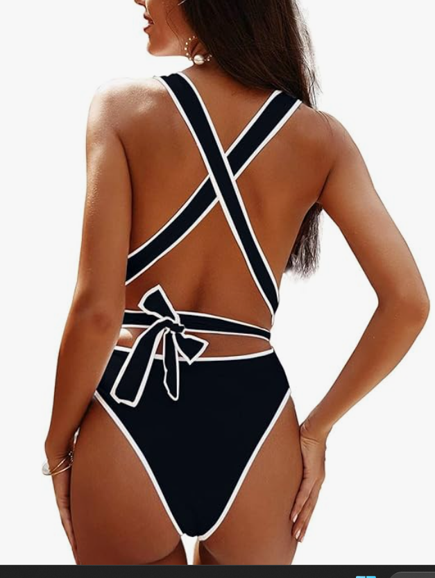 Lilosy Crisscross Plunge Thong One Piece Swimsuit – Black & White – Large