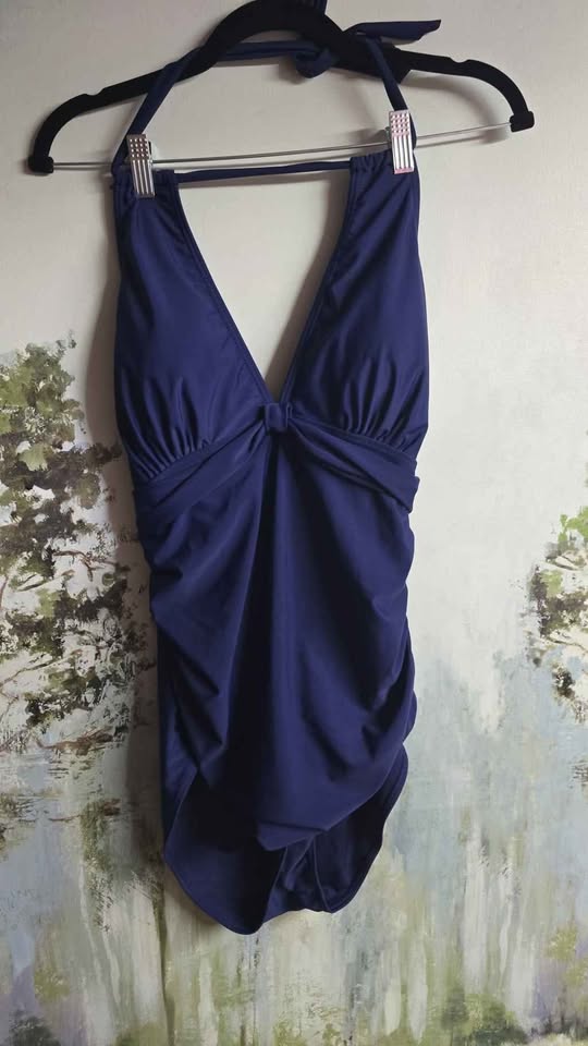 Tempt Me Ruched Halter One-Piece Swimsuit – Navy Blue, XL – New with Tags