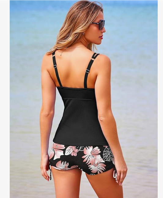 Aleumdr V-Neck Tankini with Shorts – Flora Black, XXL – New