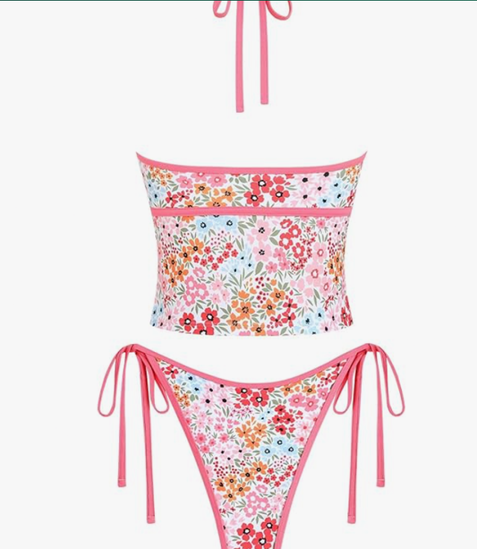 ZAFUL Floral Halter Two-Piece Tankini Set – Pink, Large – New