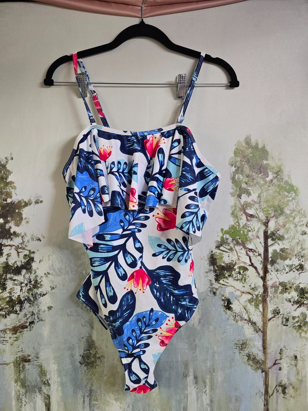 Tempt Me Off-Shoulder One-Piece Swimsuit – White Blue Leaves, Small – New