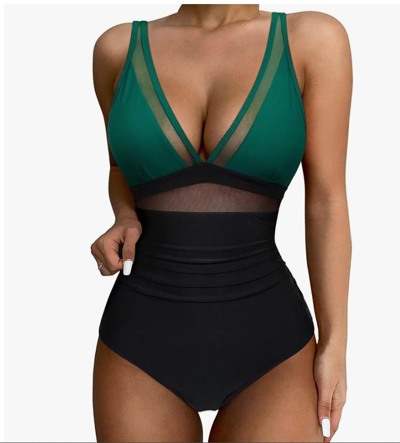 SUUKSESS Mesh One-Piece Swimsuit – Green & Black, Small – New