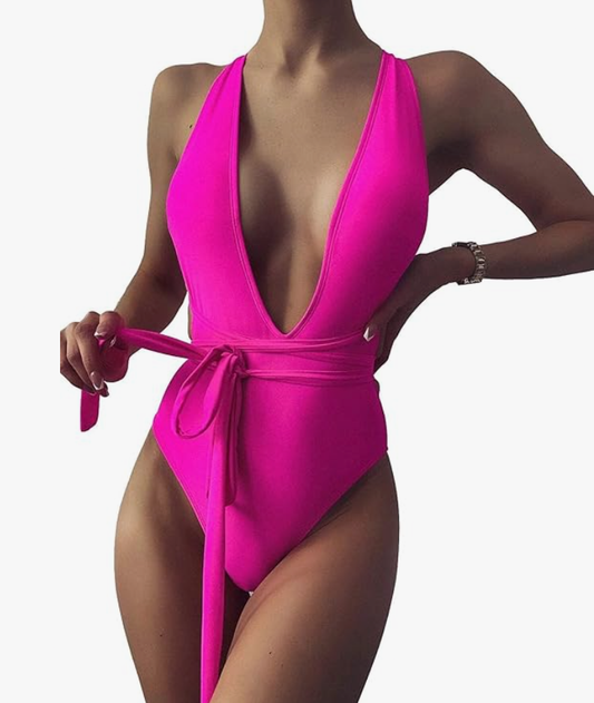 Lilosy Lace-Up Plunge Thong One Piece Swimsuit – Hot Pink – Medium