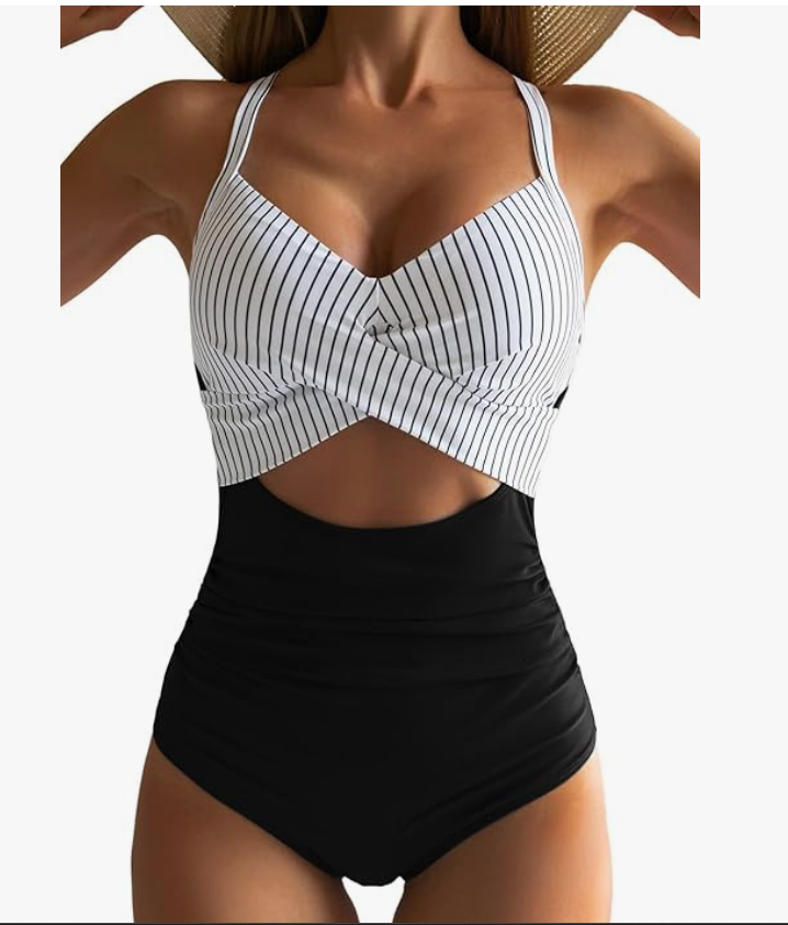 Eomenie Cutout One-Piece Swimsuit – Black & White Stripe, Large – NWT