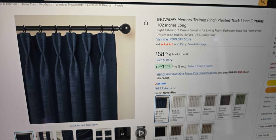 INOVADAY Navy Pinch Pleated Linen Curtains — 40 × 102 in, 2 Panels