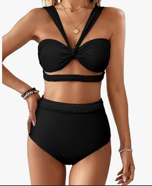 SPORLIKE Braided High-Waisted Bikini Set – Black, Small – NWT