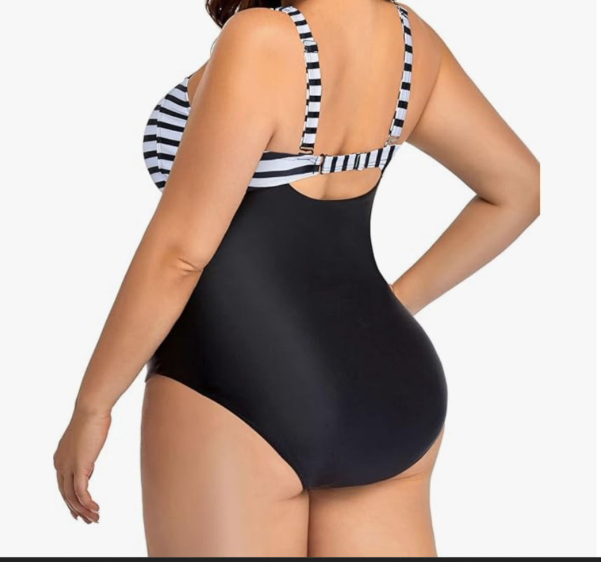 Daci Retro Ruched One-Piece Swimsuit – Black & White Stripe, 16W – NWT