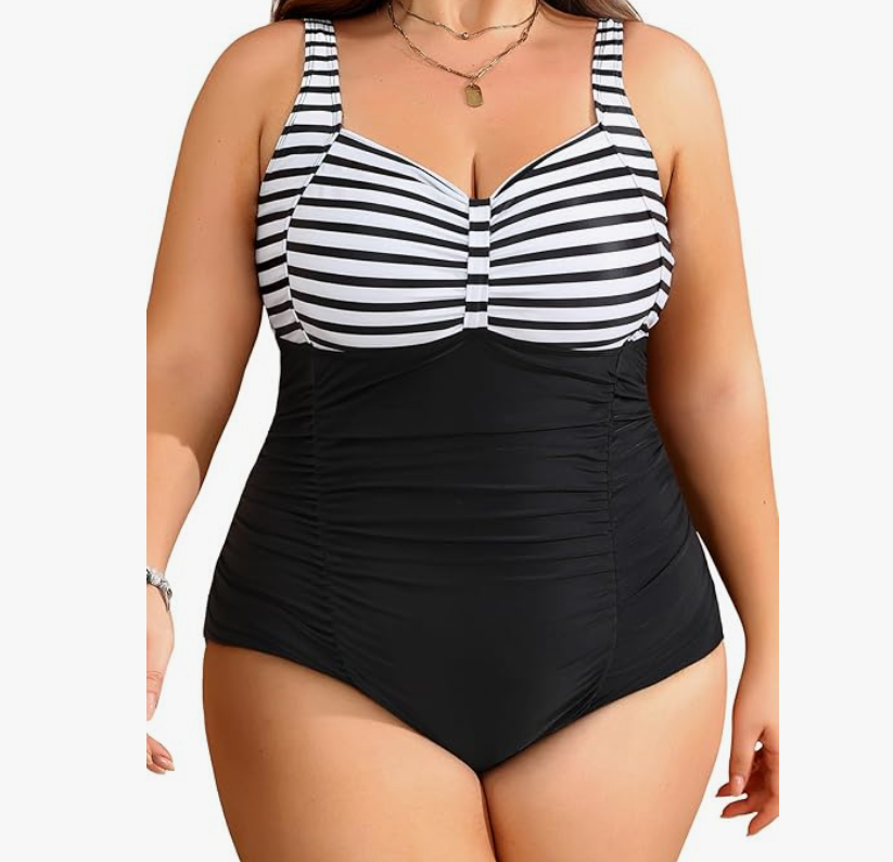 Daci Retro Ruched One-Piece Swimsuit – Black & White Stripe, 16W – NWT