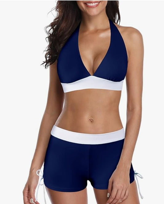 Halter Bikini Set with Boyshorts – Navy Blue, XL – New