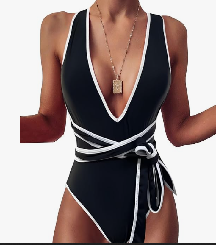 Lilosy Crisscross Plunge Thong One Piece Swimsuit – Black & White – Large