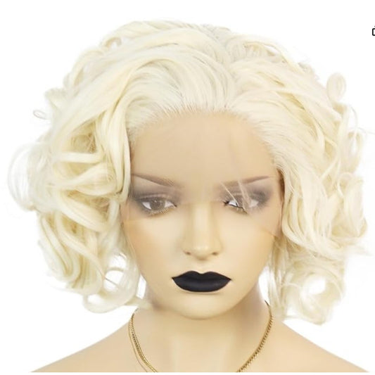 ANOGOL Hair Cap+Blonde Lace Front Wig Short Bob Curly Synthetic Hair Blonde Lace Front Wig 613