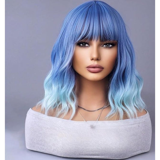 WTHCOS Ombre Blue Wigs for Women Short Curly Wavy Blue Girls Short Bob With Bangs