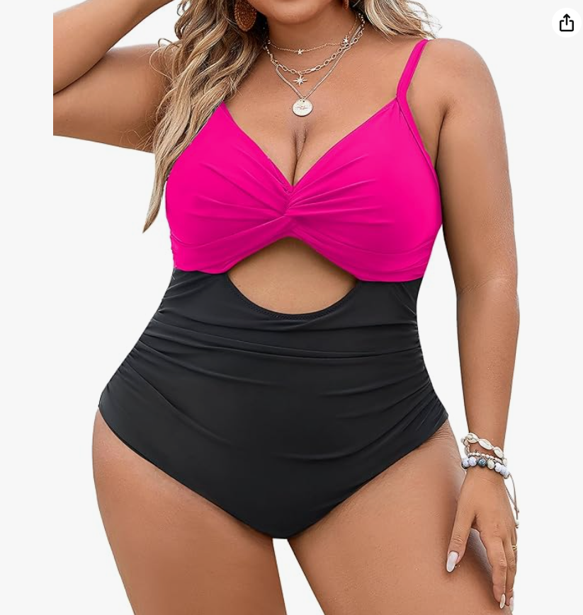 Blooming Jelly Cutout One-Piece Swimsuit – Black & Pink, 3XL – New