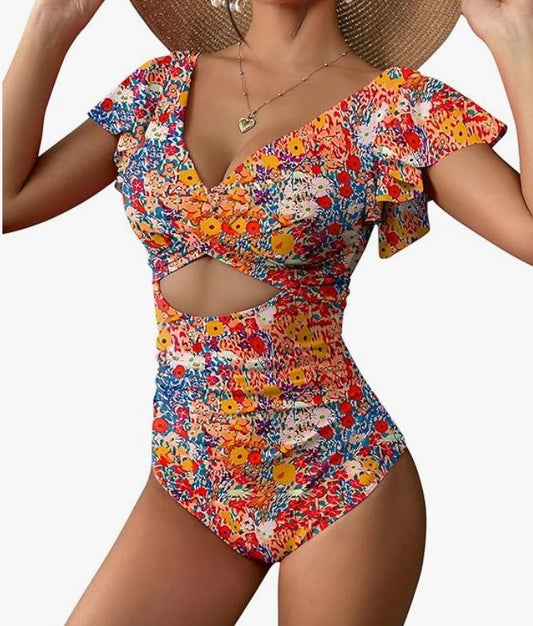 AI'MAGE Ruffle One-Piece Swimsuit – Orange Floral, XXL – New