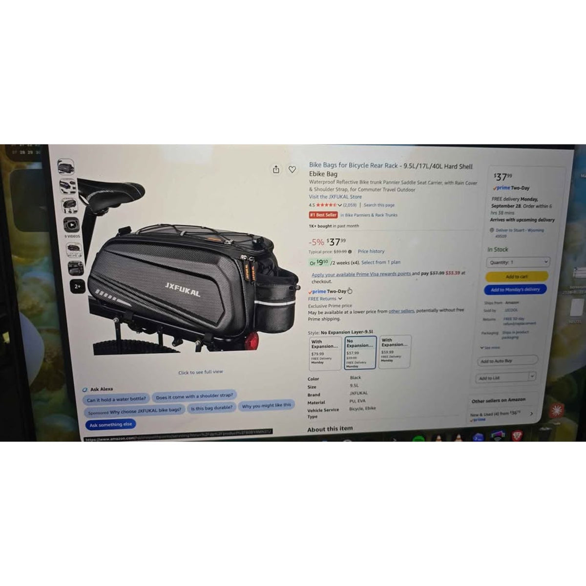 JXFUKAL 9.5L Waterproof Bicycle Rear Rack Bag