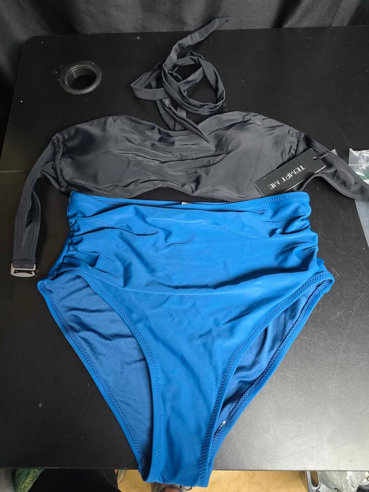 Tempt Me Ruched Bikini Set – Peacock Blue & Black, Small – New with Tags