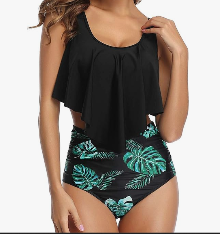Adisputent Ruffle Bikini Set – Black Green Leaf, 2XL – NWT