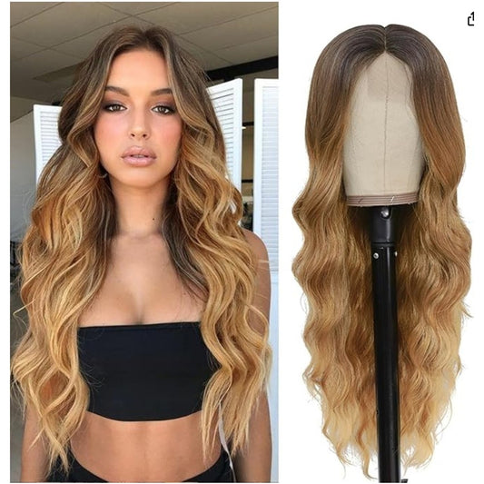 NAYOO Long Honey Blonde Wavy Wig for Women 26 Inch Middle Part Curly Wavy