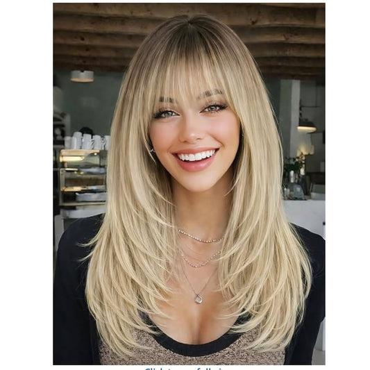 AISI HAIR 【Beginner Friendly Wigs】 Blonde Wig with Bangs for Women, Middle Length NaturalLayered