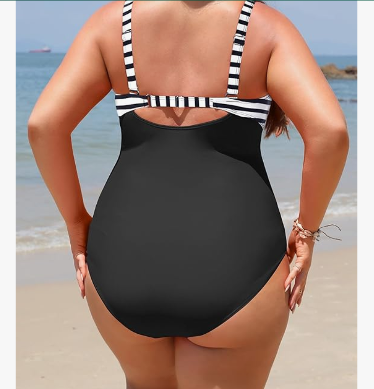 Yonique Twist-Front One-Piece Swimsuit – Black & White Stripe, 14W – NWT